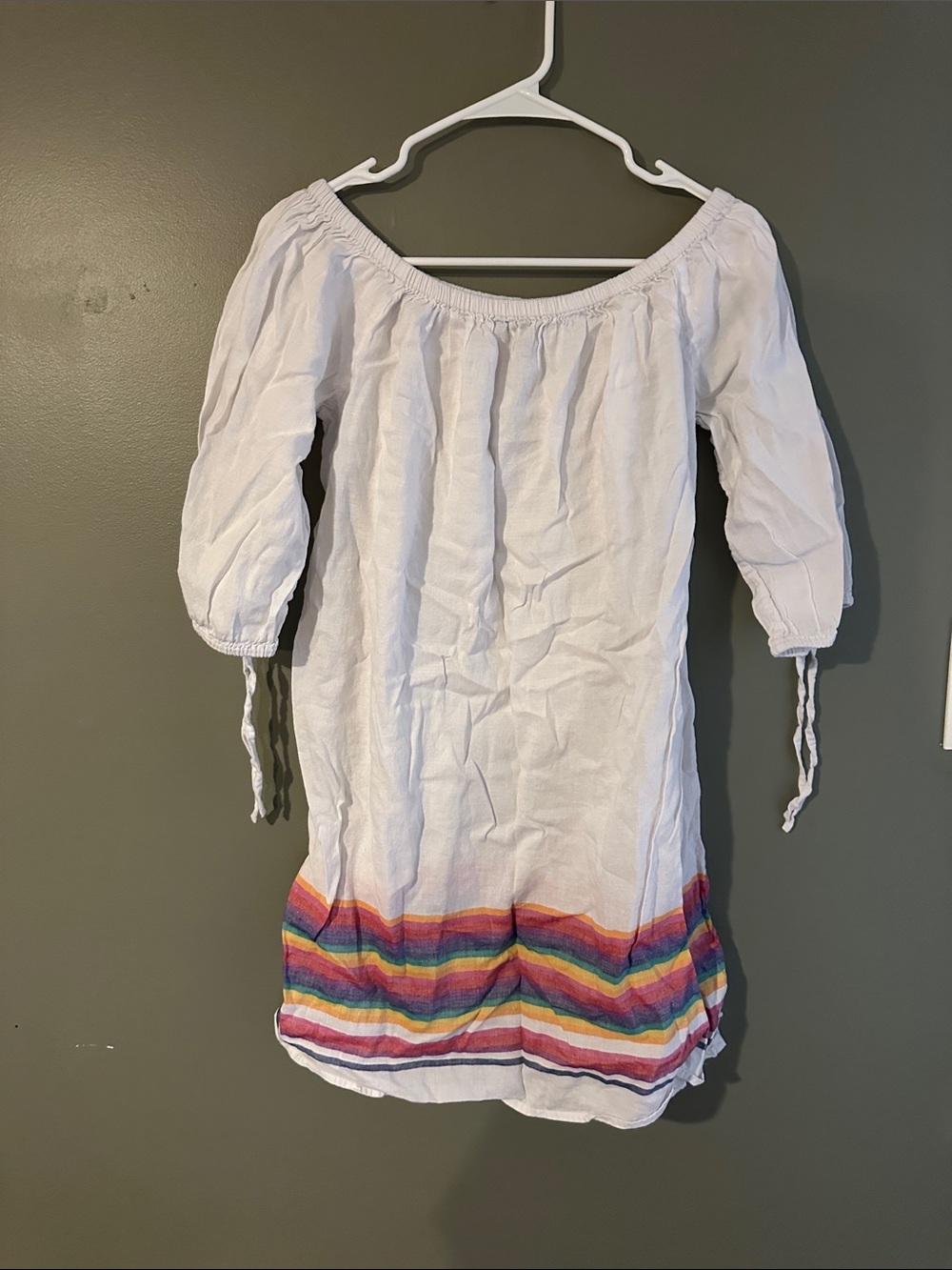 JCREW White Off-Shoulder Dress with Rainbow Hem